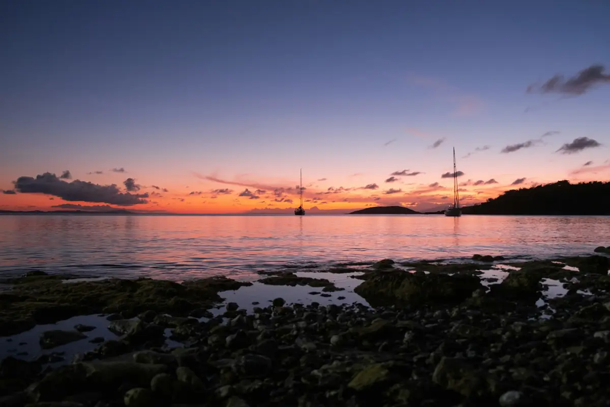 A rocky coast at dusk