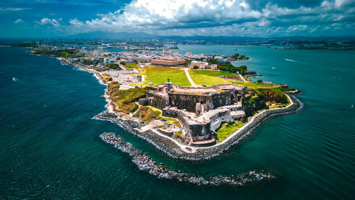 Aerial view of Castillo San Felipe del Morro at the tip of Old San Juan